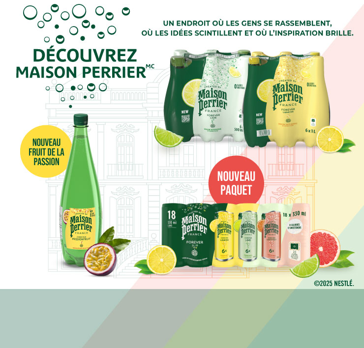 Découvrez Maison Perrier. Un endroit où les gens se rassemblent, où les idées scintillent et où l’inspiration brille. Nouveau. Fruit de la passion. Nouveau paquet.