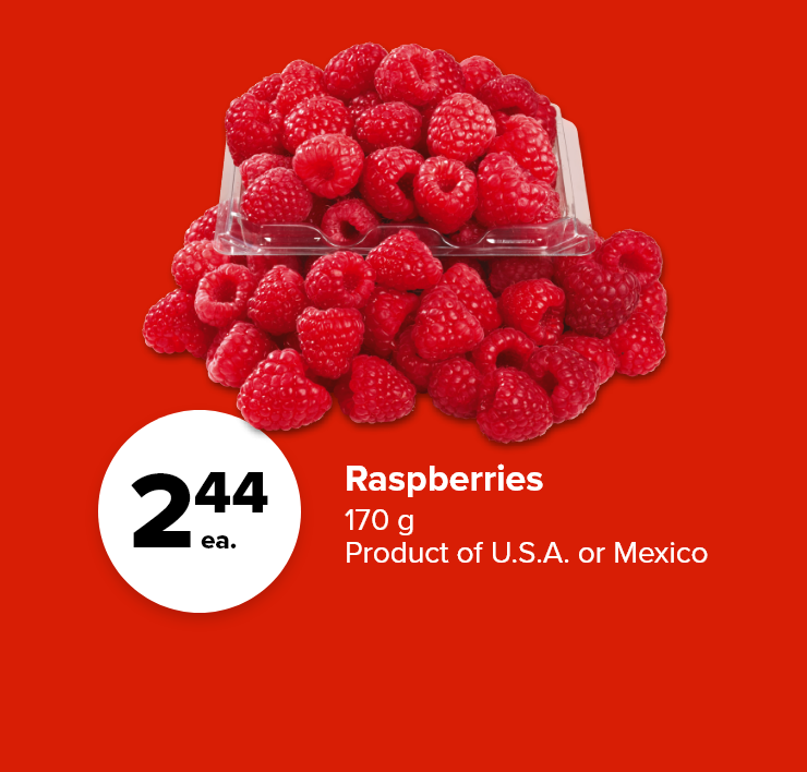 Raspberries. 170 g. Product of U.S.A or Mexico.