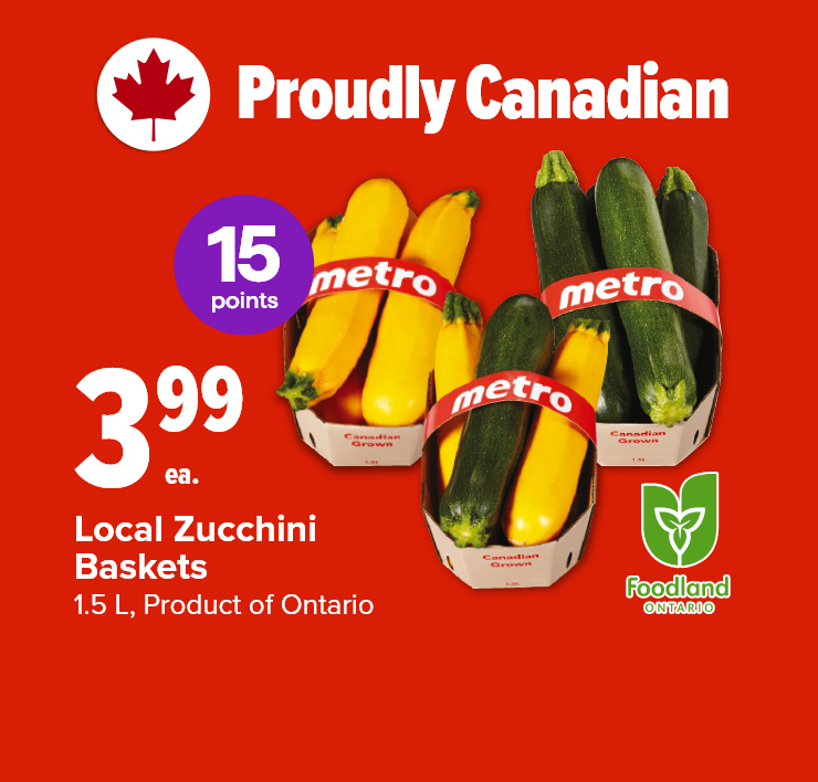 Proudly Canadian. Local Zucchini Baskets. 1.5 L. Product of Ontario.