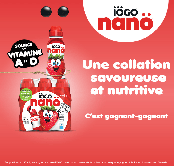  iÖGO nanö. Source de vitamines A et D. Une collation savoureuse et nutritive. C'est gagnant-gagnant.