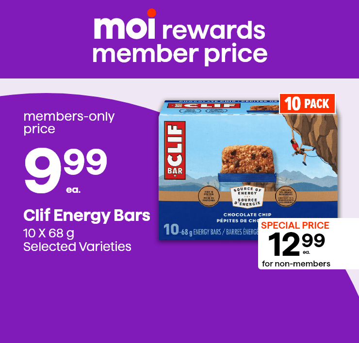 Moi Rewards Member Price. Clif Energy Bars. 10 X 68 g, Selected Varieties