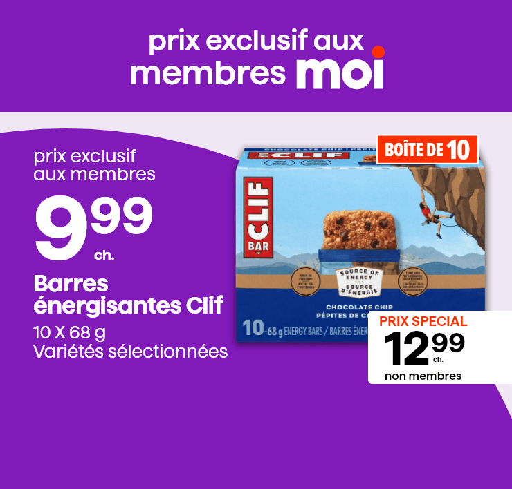Prix exclusifs aux membres Moi. Barres énergisantes Clif. 10 X 68 g, variétés sélectionnées.