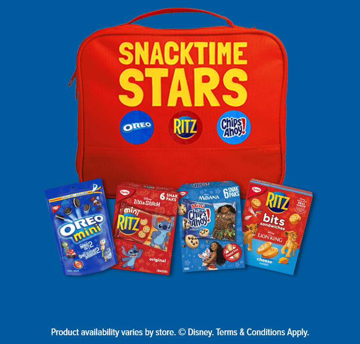 Snacktime Stars - Oreo mini - mini Ritz - Chip Ahoy! - Ritz bits - Product availability varies by store. © Disney. Terms & Conditions Apply.