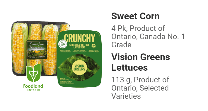 Sweet Corn 4 Pk, Product of Ontario, Canada No. 1 Grade. Vision Greens Lettuces 113 g, Product of Ontario, Selected Varieties.