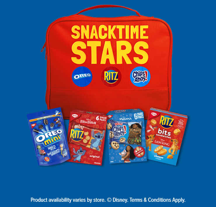Snacktime Stars - Oreo mini - mini Ritz - Chip Ahoy! - Ritz bits - Product availability varies by store. © Disney. Terms & Conditions Apply.