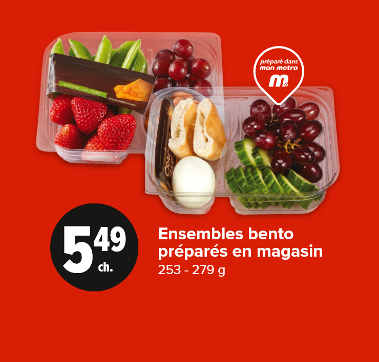 Ensembles bento préparés en magasin. 253 - 279 g. Préparé dans mon Metro.