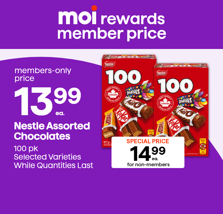 Moi Rewards member-only price. Nestle Assorted Chocolates, 100 pk, Selected Varieties, While Quantities Last.