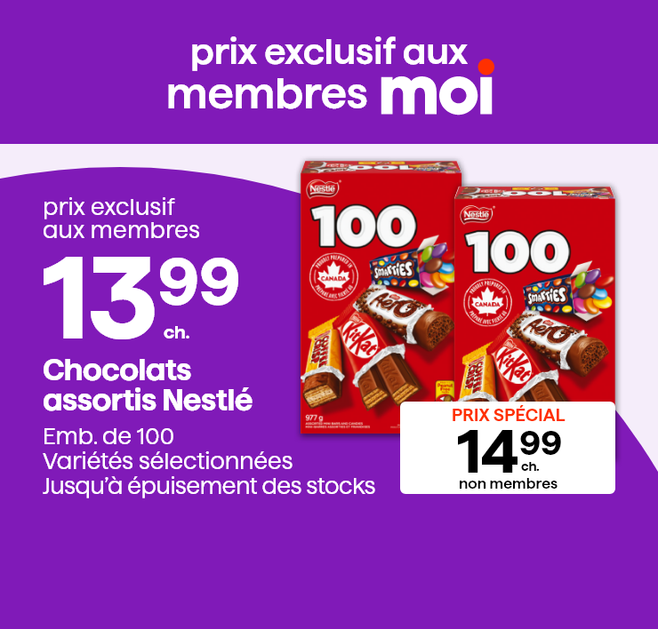 Prix exclusifs aux membres Moi. Chocolats assortis Nestlé. Emb. de 100, variétés sélectionnées, jusqu'à épuisement des stocks.