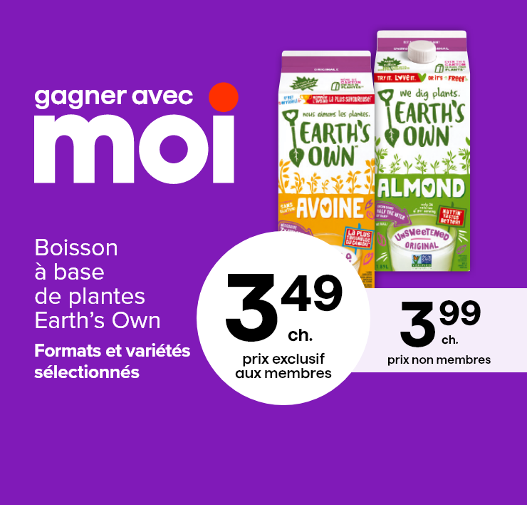 Gagner avec Moi. Boisson à base de plantes Earth's Own. Formats et variétés sélectionnés.