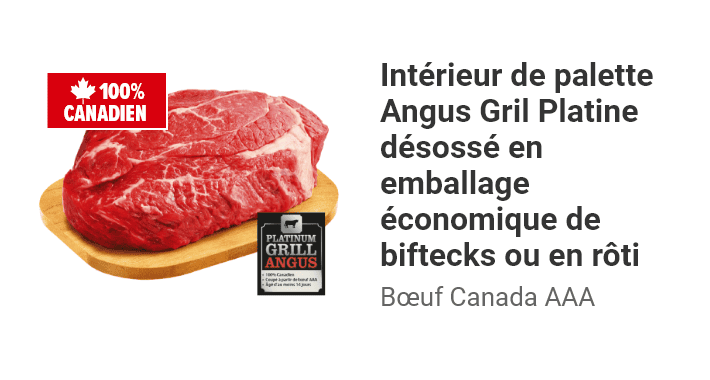 Intérieur de palette Angus Gril Platine désossé en emballage économique de biftecks ou en rôti bœuf Canada AAA.