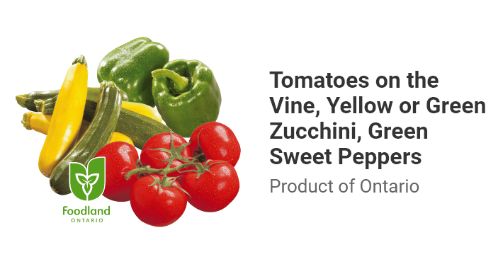Tomatoes on the Vine, Yellow or Green Zucchini, Green Sweet Peppers. Product of Ontario.