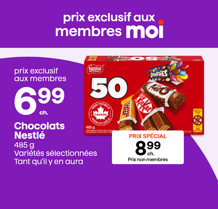 Prix exclusif aux membres Moi. Chocolats Nestlé, 485 g, variétés sélectionnées, tant qu'il y en aura.