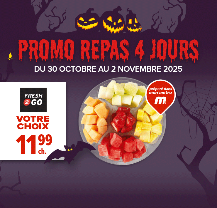 Promo repas 4 jours. Du 30 ocbobre au 2 novembre 2025. Votre choix.