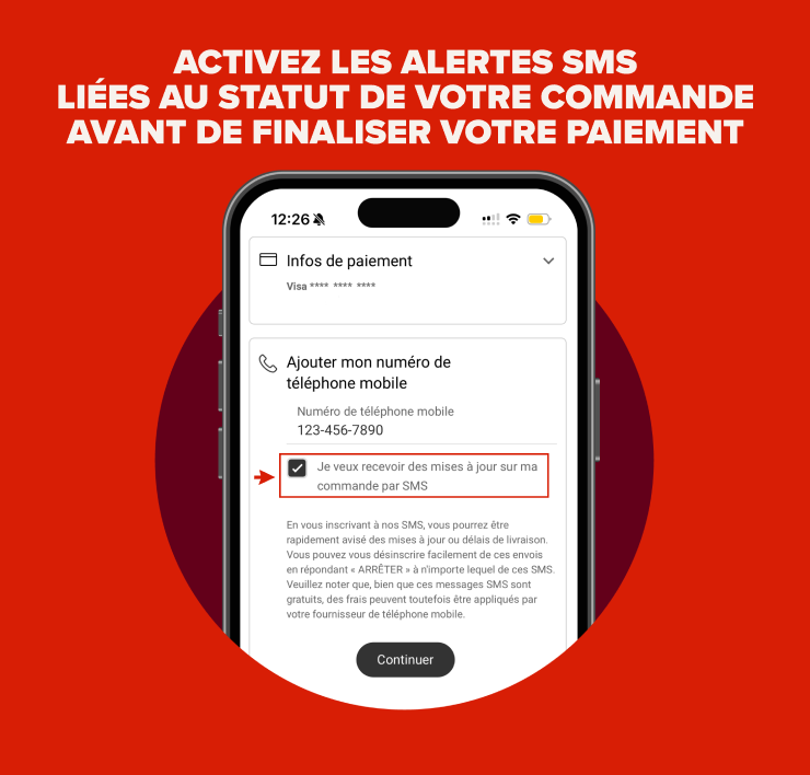 Activez les alertes SMS liées au statut de votre commande avant de finaliser votre paiement.