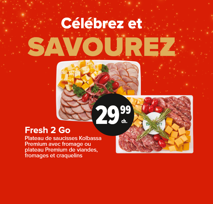 Célébrez et savourez. Plateau de saucisses Kolbassa Premium Fresh2Go avec fromage ou plateau Premium de viandes, fromages et craquelins.