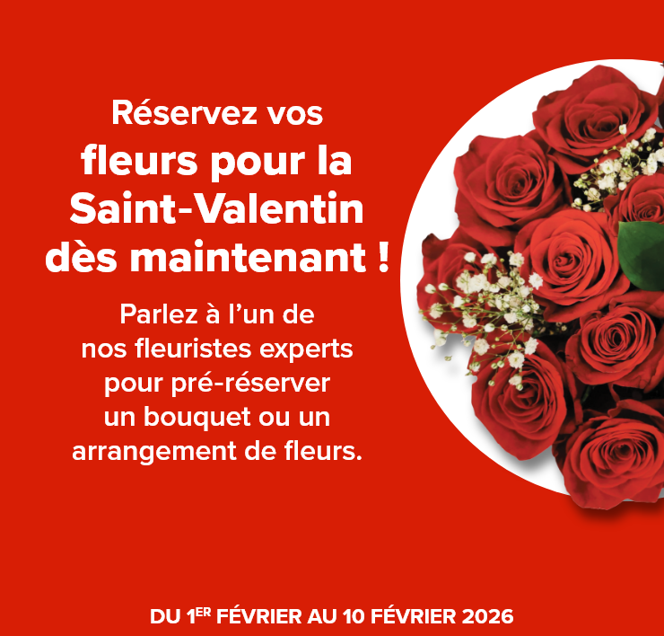 Réservez vos fleurs pour la Saint‑Valentin dès maintenant! Parlez à l’un de nos fleuristes experts pour pré‑réserver un bouquet ou un arrangement de fleurs.
