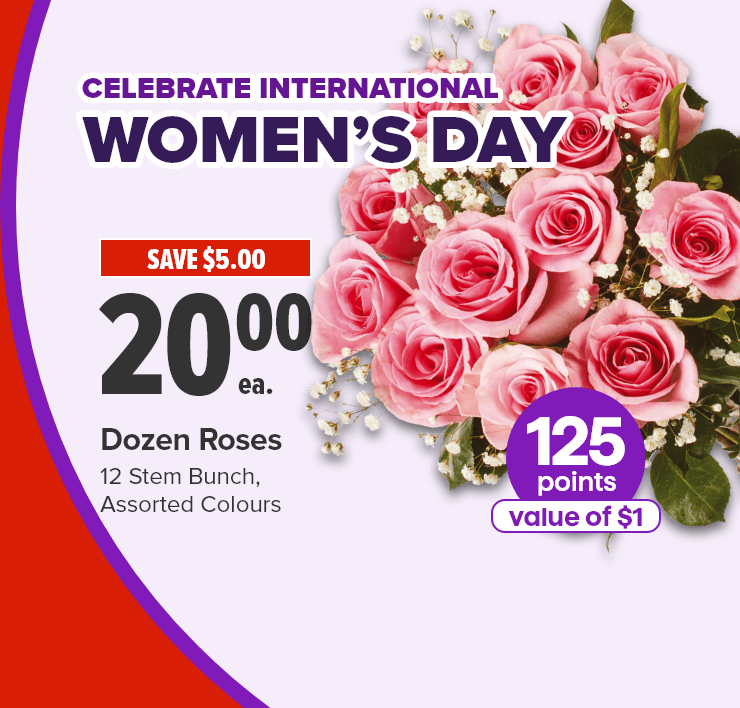 Celebrate International Women's Day. Dozen Roses. 12 Stem Bunch, Assorted Colours. 125 Points
