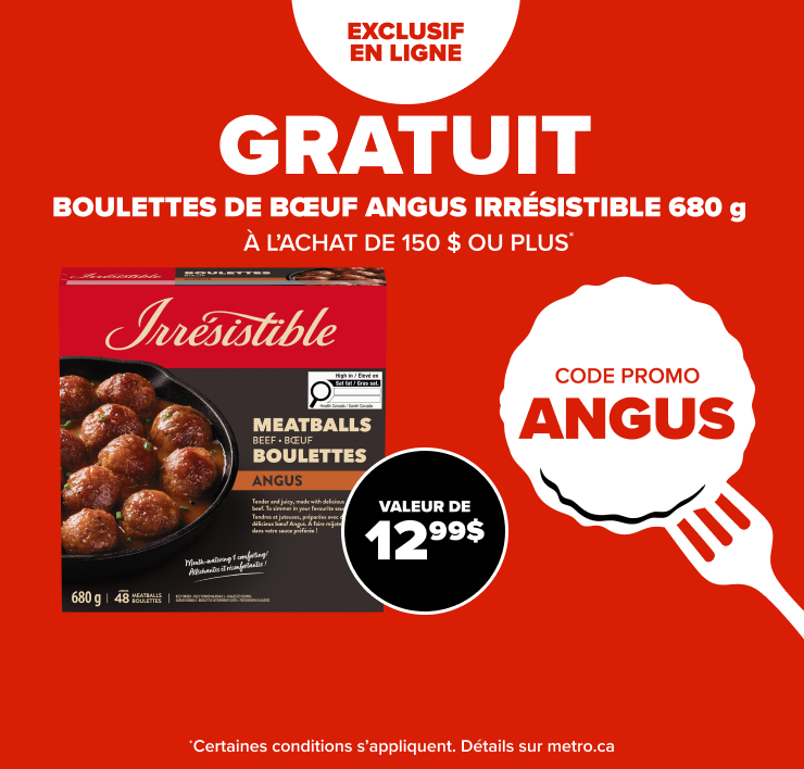 Gratuité en ligne. Gratuit boulettes de bœuf Angus Irrésistible 680 g à l'achat de 150 $ ou plus* Code promo ANGUS