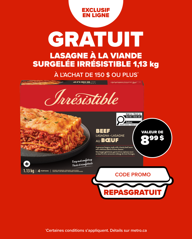 Exclusif en ligne. Gratuit. Lasagne à la viande surgelée Irrésistible 1,13 kg à l'achat de 150 $ ou plus. Code promo REPASGRATUIT