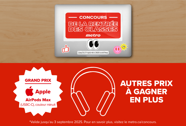 Concours de la rentrée des classes. Jusqu'au 3 septembre 2025 seulement. Grand prix : AirPods Max Apple (USBC-C), couleur minuit. Autres prix à gagner en plus : 2 enceintes portatives JBL Go 4 et 2 liseuses Kindle Amazon.