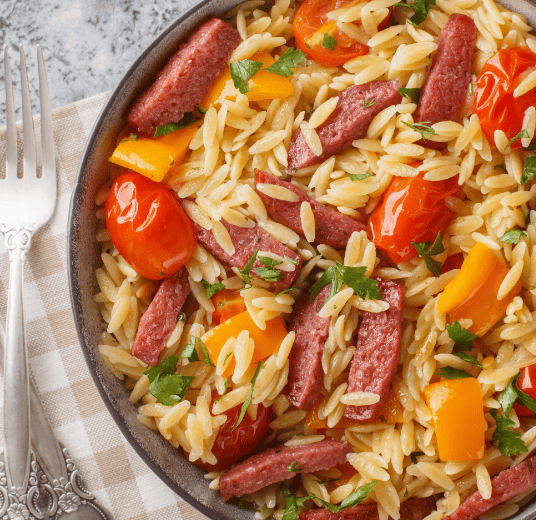 Orzo, Peppers and Italian Sausages One Pot