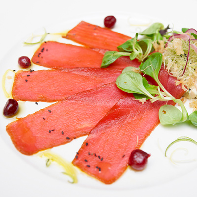 Tuna Carpaccio, Chayote Chips and Horseradish Dressing