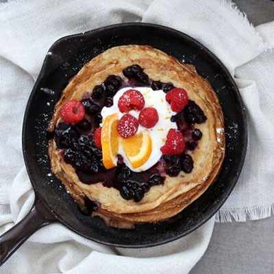 Citrus Blini with Wild Blueberry Sauce and Greek Yogurt