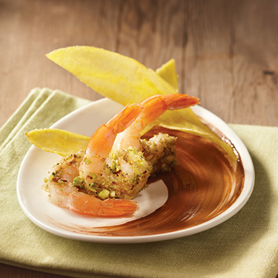 Pistachio Shrimp with Spicy Chocolate Sauce
