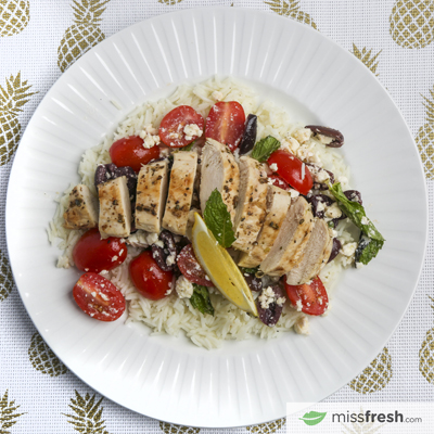 Greek Chicken Cutlets with Lemon Basmati and Tzatziki