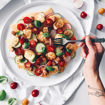 Melon, Tomato, Cucumber and Radish Salad with Grilled Haloumi ans Smoked Croutons