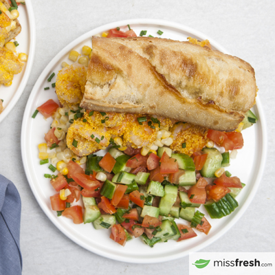 Po' Boys with Cornmeal-Crusted Shrimp with Tomato & Cucumber Salad