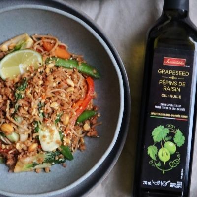 Textured Vegetable Protein and Noodle Sauté with Veggies and Peanuts