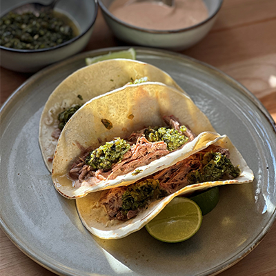 Beef Round, Chipotle cream and chimichurri