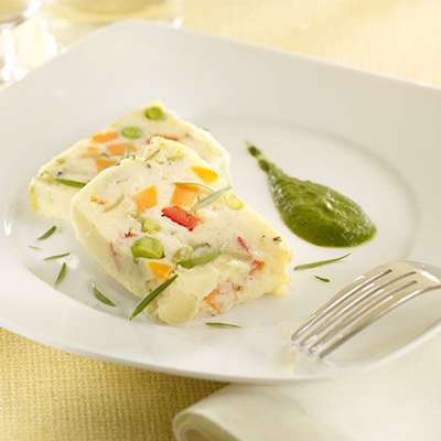 Potato and Vegetable Terrine with Fresh Green Herb Sauce